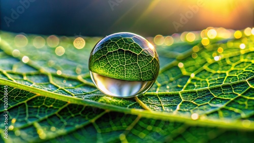 A macro shot of a single dewdrop clinging to the edge of a delicate leaf, capturing the intricate patterns of refracted light within its translucent sphere against a backdrop of lush foliage.