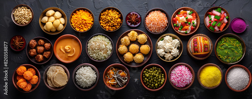 Colorful background from various herbs and spices for cooking in bowls. Large set of spices and seasonings and salt, top view