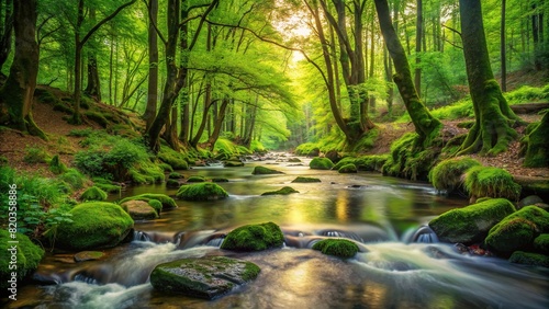 A babbling brook winding its way through a lush green forest, offering a natural, free space for solitude and reflection