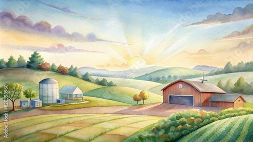 A serene rural scene featuring a smart farm set against a backdrop of rolling hills and clear skies, epitomizing modern agricultural innovation