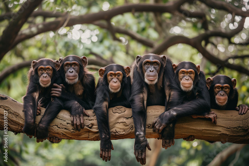 Chimps on a tree branch in the wild, a group of monkeys thrives with family bonds, embodying the essence of animal freedom