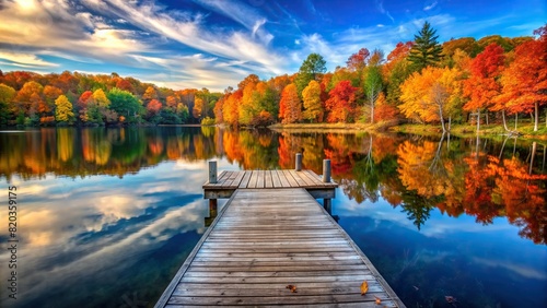 A tranquil scene of a wooden dock extending into a calm lake, surrounded by autumn trees ablaze with color.