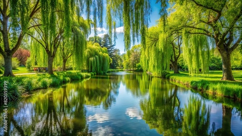 A tranquil pond surrounded by weeping willows, their branches gently swaying in the breeze, creating a sense of calm and serenity.