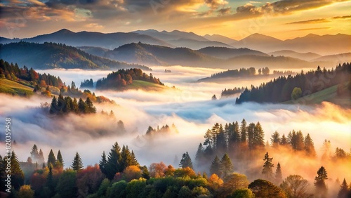 A misty morning in the mountains, where the fog envelops the landscape in a soft, ethereal embrace, creating a dreamlike atmosphere.