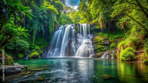 A tranquil scene of a secluded waterfall hidden within a dense forest, surrounded by lush vegetation
