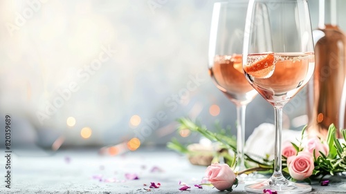 Rose wine in elegant glasses with festive bokeh background and floral decorations