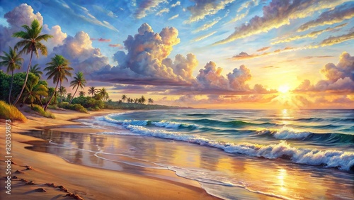 A tranquil scene of a sunlit beach with soft waves lapping against the shore, painted in soothing watercolors