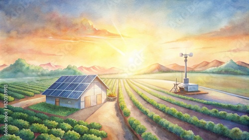 A serene sunrise over a smart farm, where solar-powered sensors and automated machinery work in harmony to optimize crop growth while conserving resources