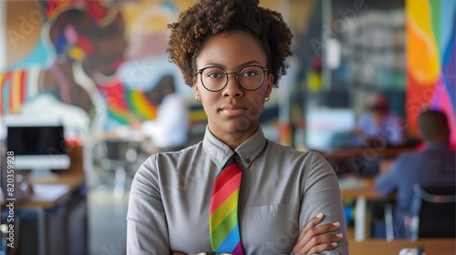 Black woman in her late thirties with short curly hair, wearing business casual attire and a rainbow tie standing at the front of an office room looking directly into the camera,Generative AI