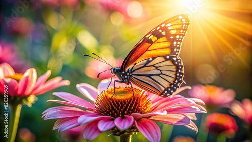 A close-up of a butterfly resting on a flower petal, its delicate wings spread open to catch the sunlight.