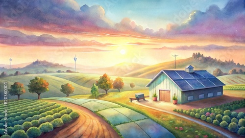 A serene scene of a smart farm at sunset, showcasing the harmony between technology and the natural environment
