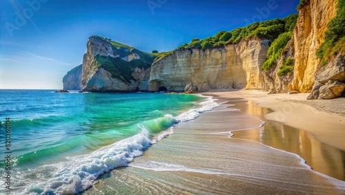 A secluded beach with powdery white sand and gently rolling waves lapping at the shore, framed by towering cliffs and a clear blue sky.