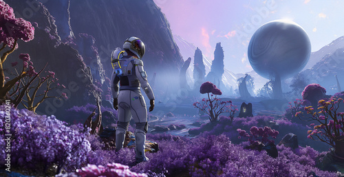 Astronaut Exploring an Alien Planet with Futuristic Landscapes and Extraterrestrial Flora under a Majestic Dome
