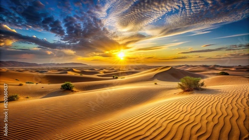 A serene desert landscape with sand dunes stretching to the horizon, bathed in the warm glow of the setting sun