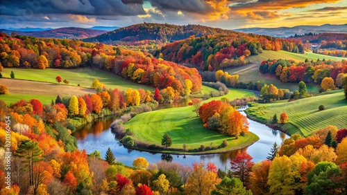 A serene countryside scene with rolling hills and a winding river, framed by a colorful autumn forest ablaze with vibrant hues.