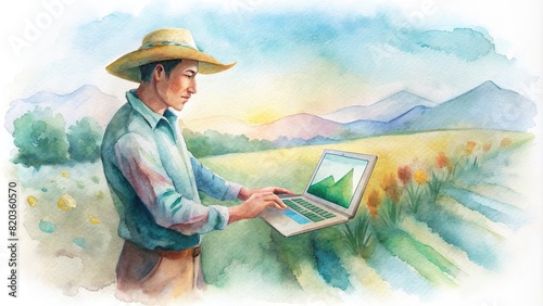 A farmer examines data on a computer screen, utilizing analytics and technology to make informed decisions for improved crop yields in smart agriculture