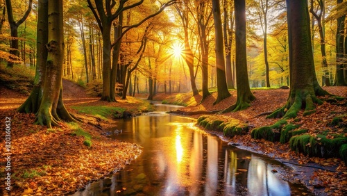 A tranquil forest clearing bathed in golden sunlight, with a carpet of fallen leaves underfoot and a babbling brook winding its way through the trees.