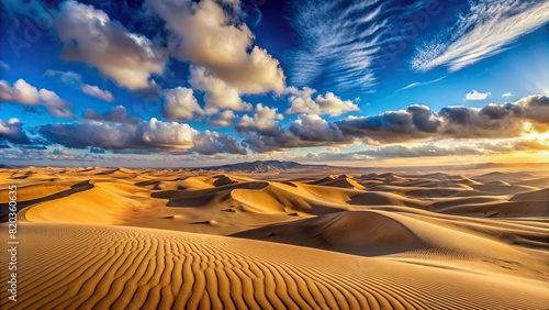 A panoramic view of a vast desert landscape, with rolling sand dunes stretching to the horizon under a clear, expansive sky