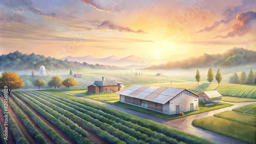 A panoramic shot of a picturesque smart farm at sunrise, showcasing the integration of technology with natural farming practices