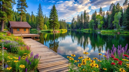 A serene lakeside retreat with a rustic dock extending into the water, surrounded by tall pines and colorful wildflowers, offering a natural, free space for relaxation and rejuvenation