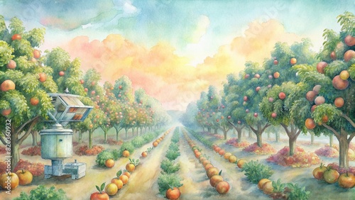 A lush orchard in a smart farm, with trees laden with ripe fruits and automated harvesting machines in operation, symbolizing the fusion of nature and technology