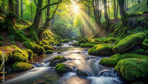 A babbling brook winding its way through a moss-covered forest, with sunlight filtering through the dense canopy above, illuminating patches of vibrant greenery.