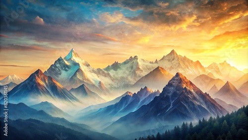 A minimalist representation of a mountain range, painted in subtle watercolors, highlighting the majesty of nature against a backdrop of open sky
