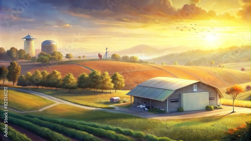A captivating image of a smart farm bathed in the golden hues of sunset, illustrating the union of cutting-edge technology and the serenity of nature