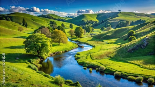 A serene landscape of rolling hills blanketed in lush greenery, with a clear blue sky overhead and a meandering stream flowing gently through the scene.