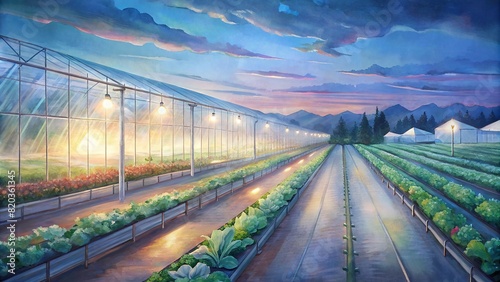 A panoramic view of a smart farm at dusk, with LED grow lights illuminating rows of plants in a greenhouse, extending the growing season and ensuring year-round harvests