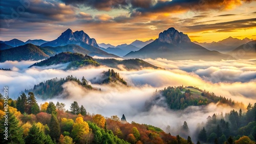 A misty morning in the mountains, with soft clouds enveloping the peaks