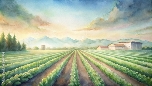 An expansive smart farm under a clear sky, with rows of lush crops stretching into the distance