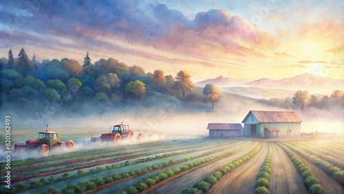 A serene scene of a smart farm at dawn, with mist rising over fields where autonomous tractors are already at work, heralding a new era in agriculture