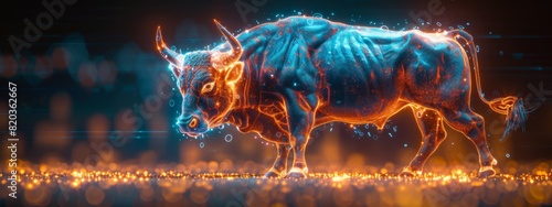 Neon-Lit X-Ray Bovine: A Radiant Symbol of the Future Bullish Market, Fusing Finance and Cutting-Edge Technology in a Captivating 4K Wallpaper Background Generated by AI.