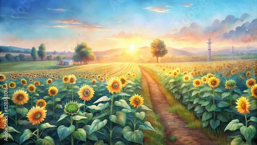 A field of sunflowers on a smart farm, bathed in sunlight and thriving thanks to precision farming techniques
