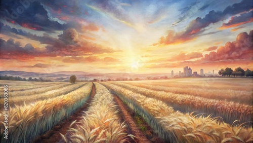 A sunset over fields of wheat on a smart farm, symbolizing the marriage of traditional farming wisdom with modern technology