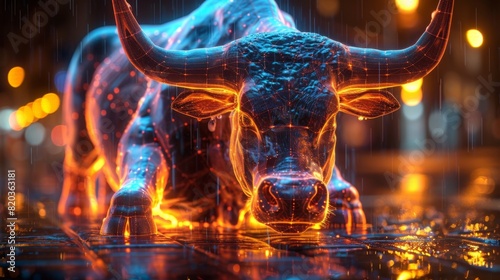 Neon-Lit X-Ray Bovine: A Radiant Symbol of the Future Bullish Market, Fusing Finance and Cutting-Edge Technology in a Captivating 4K Wallpaper Background Generated by AI.