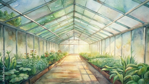 A smart greenhouse filled with rows of thriving plants, illuminated by warm sunlight filtering through the glass roof