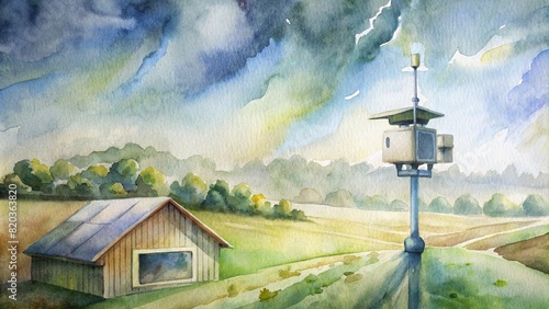 A close-up of a weather station installed in a smart farm, gathering data on temperature, humidity, and rainfall for precision farming