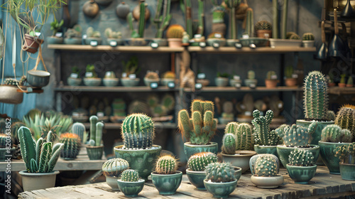 collection of various potted mini cacti on shelves Lots of cacti in clay pots on wooden table. 