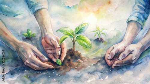 A close-up shot of hands planting seedlings in enriched soil, showcasing the hands-on aspect of smart farming while emphasizing sustainability