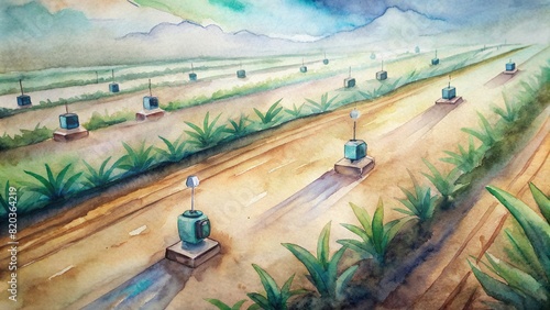 Close-up of smart sensors embedded in the soil of a farm field, gathering data to optimize irrigation and fertilization