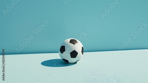 A classic black and white soccer ball sits on a blue surface. The ball is perfectly centered in the frame, and the lighting is soft and even.