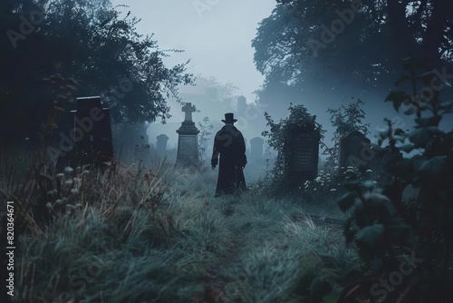 ghostly victorian explorer captures eerie midnight graveyard scenes in mysterious fog nonbinary adventurer