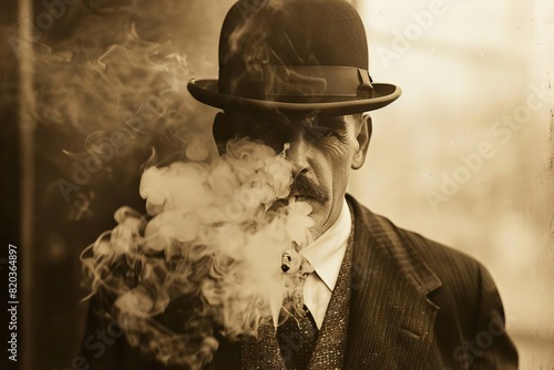 gritty early tv production sepiatoned photo of director in bowler hat smoking cigar rugged vintage aesthetic