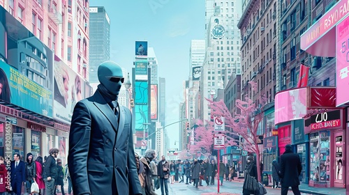 A spy in a dark suit blending into a crowded city street