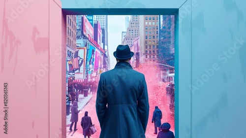 A spy in a dark suit blending into a crowded city street