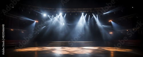 Bright stage lights on empty concert stage with dark background