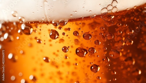 Close-up of bubbles in a glass of amber beer