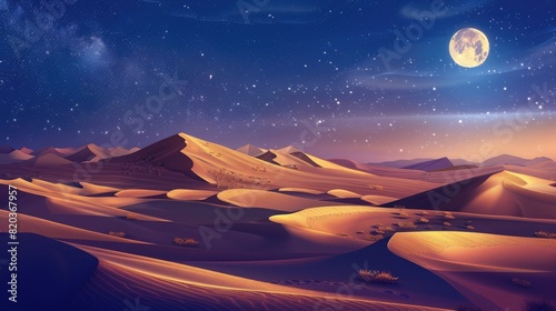 Dune landscape at night with a starry sky and moonlight casting long shadows over the sand dunes, desert scene for adventure travel concept. Desert landscape